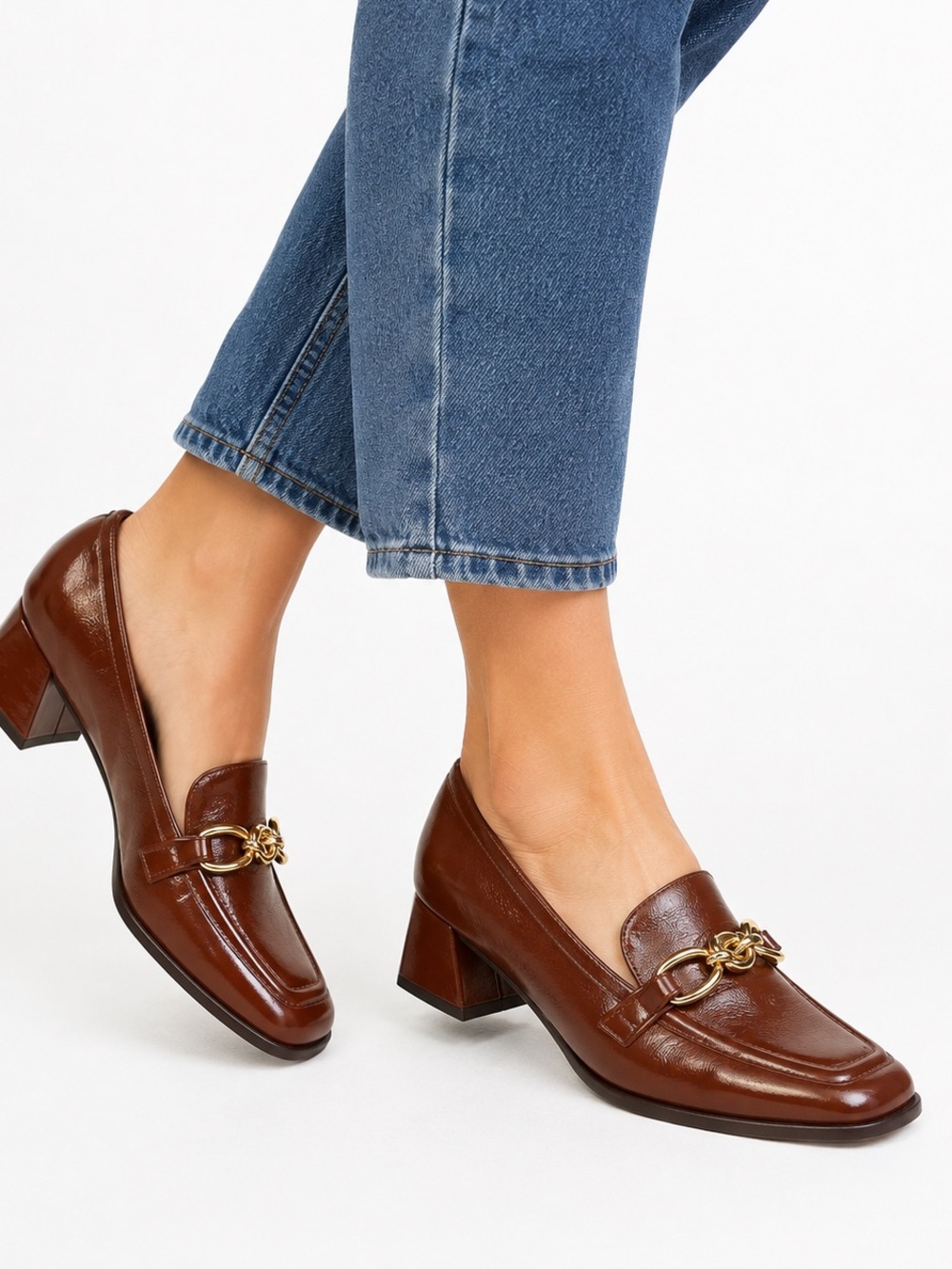 ANTONIO MELANI Brown Leather Loafers with Gold Chain Accent